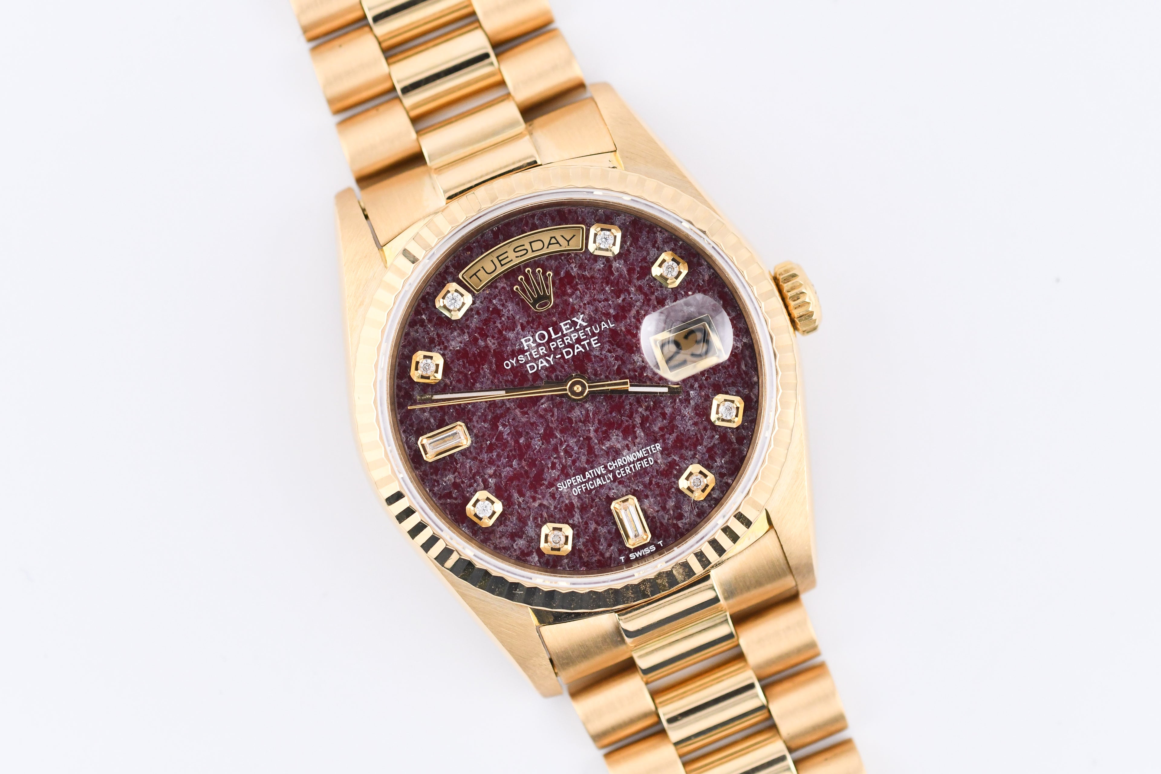 Rolex Day-Date 36mm Ref 18038 Red Rubellite Baguette Diamond Dial