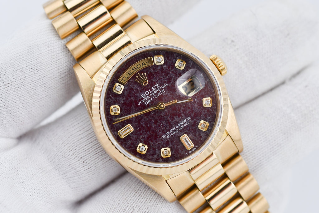 Rolex Day-Date 36mm Ref 18038 Red Rubellite Baguette Diamond Dial