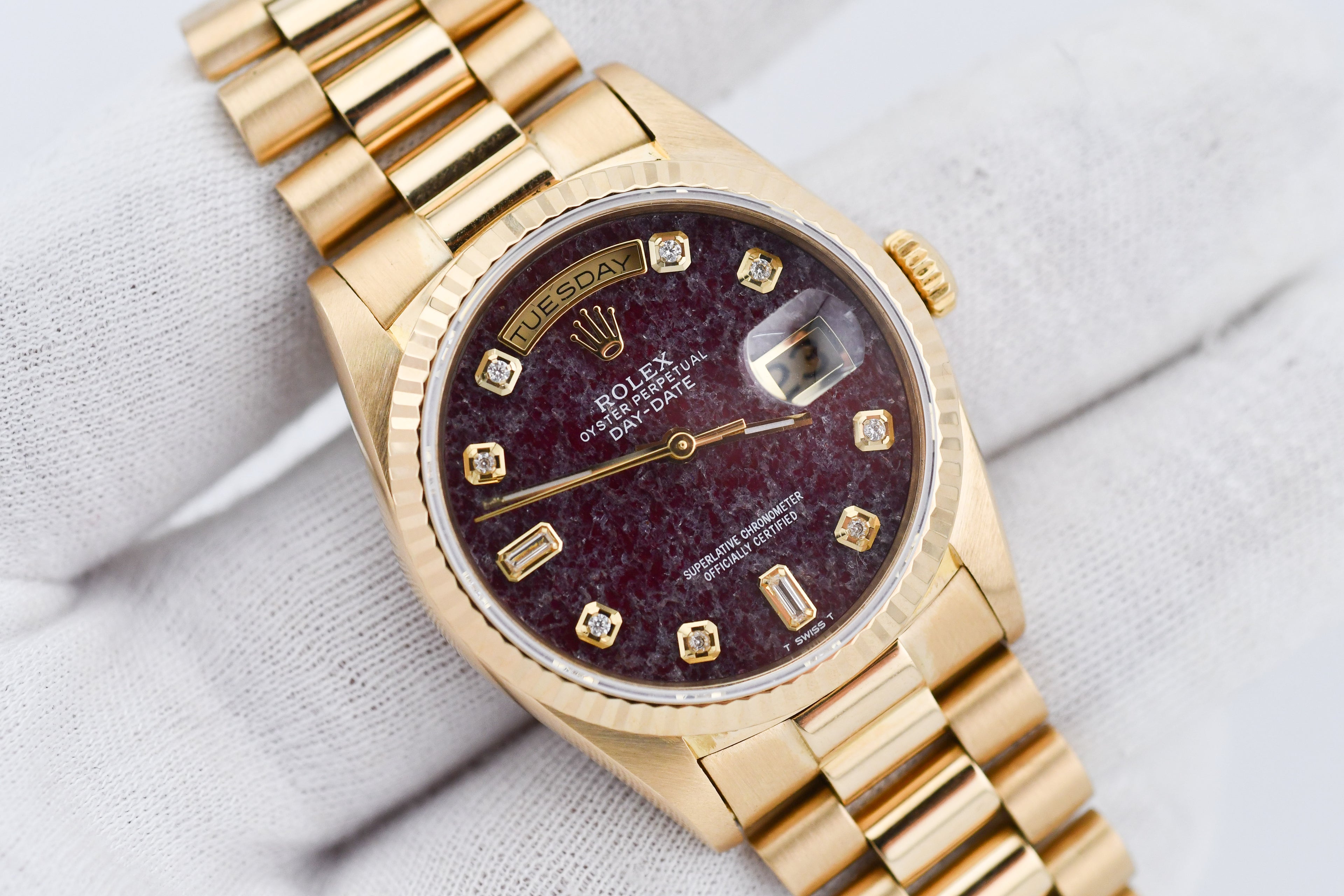 Rolex Day-Date 36mm Ref 18038 Red Rubellite Baguette Diamond Dial