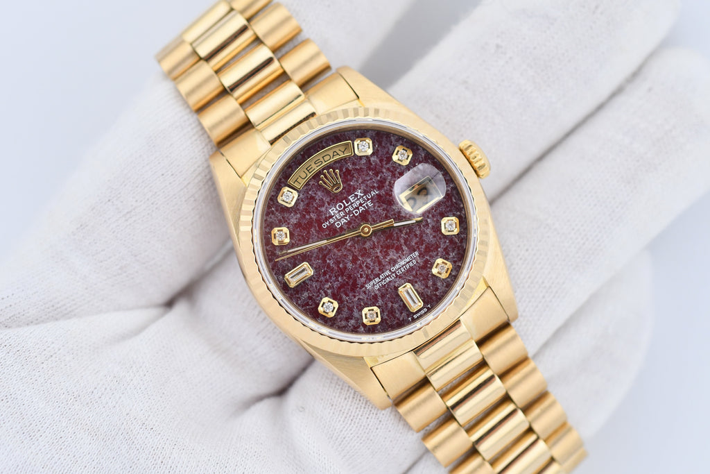 Rolex Day-Date 36mm Ref 18038 Red Rubellite Baguette Diamond Dial