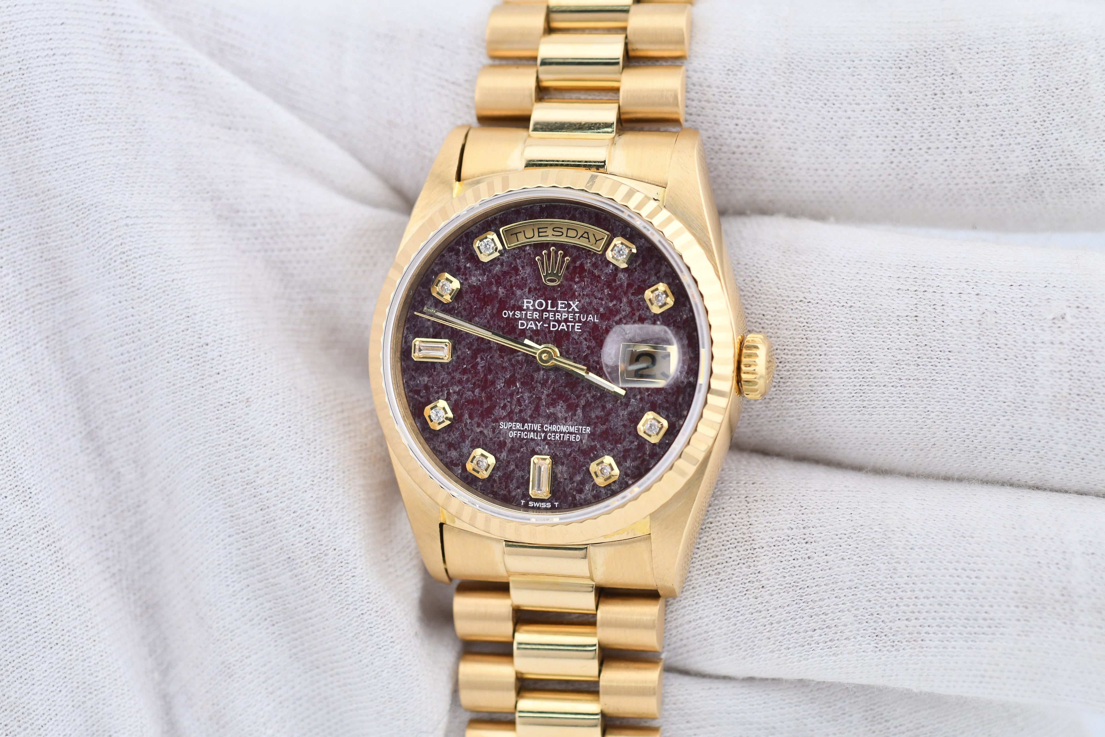 Rolex Day-Date 36mm Ref 18038 Red Rubellite Baguette Diamond Dial