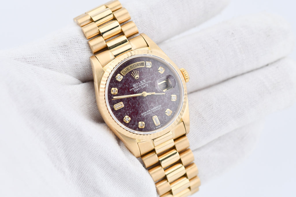 Rolex Day-Date 36mm Ref 18038 Red Rubellite Baguette Diamond Dial