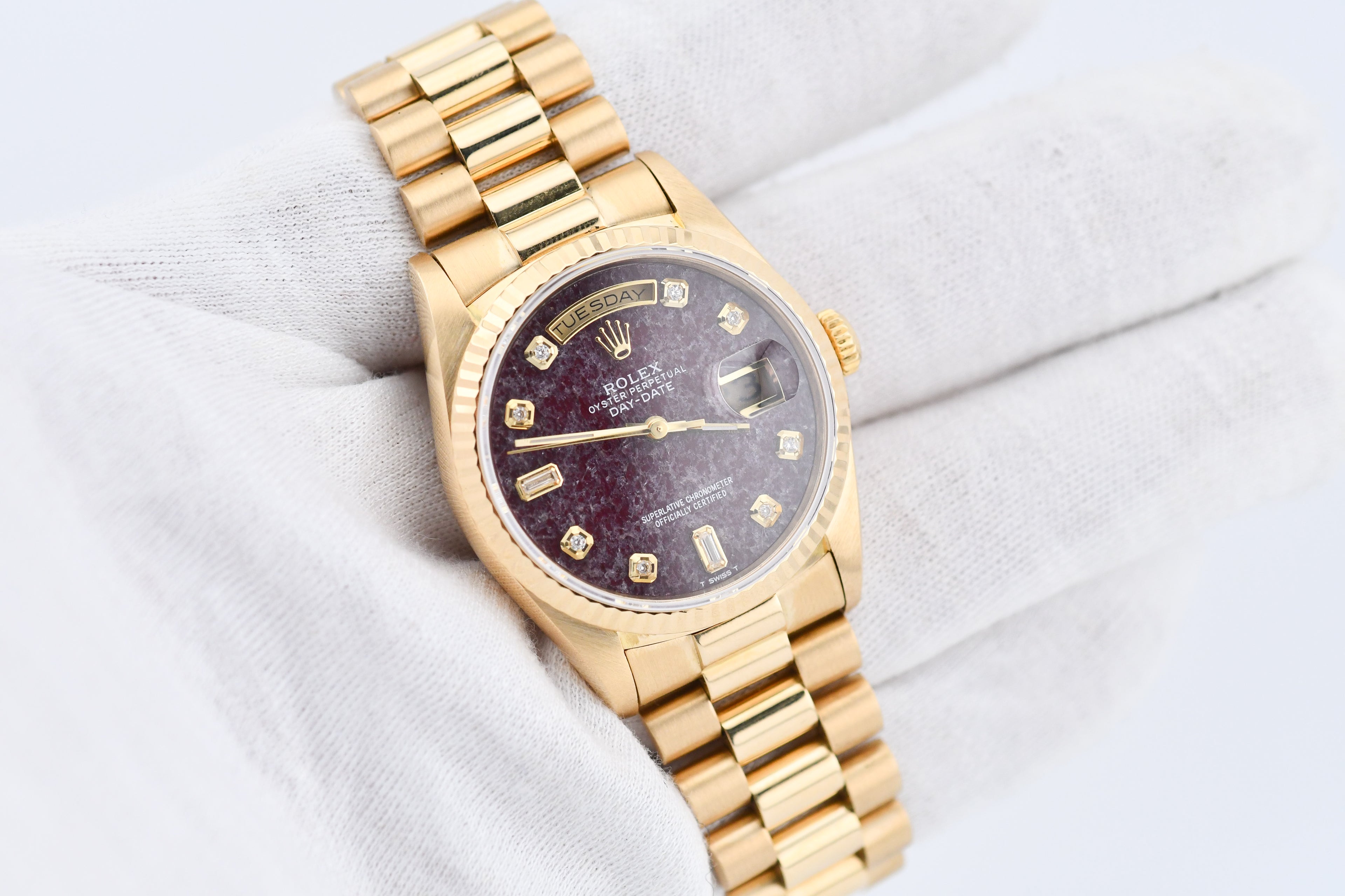 Rolex Day-Date 36mm Ref 18038 Red Rubellite Baguette Diamond Dial