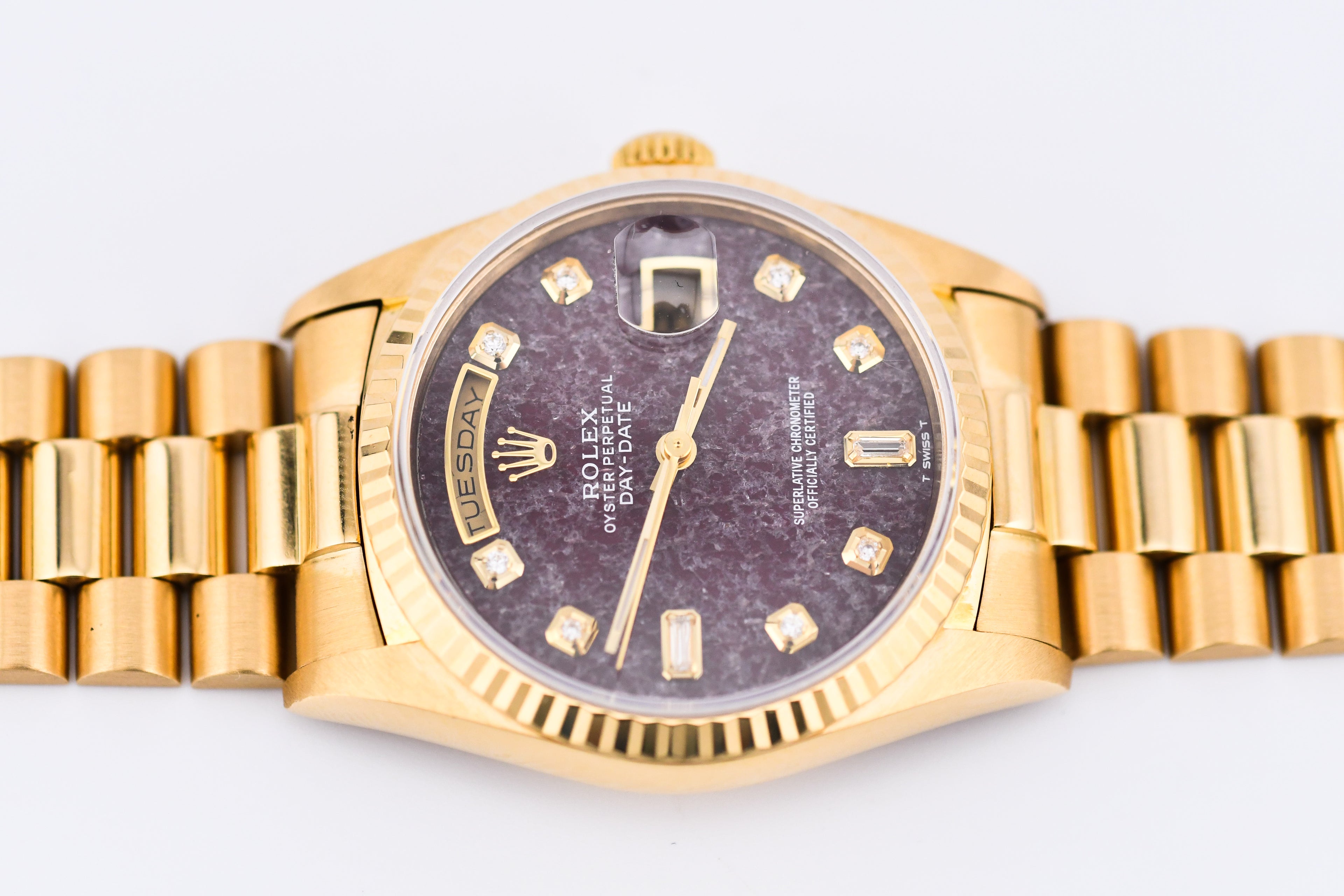 Rolex Day-Date 36mm Ref 18038 Red Rubellite Baguette Diamond Dial