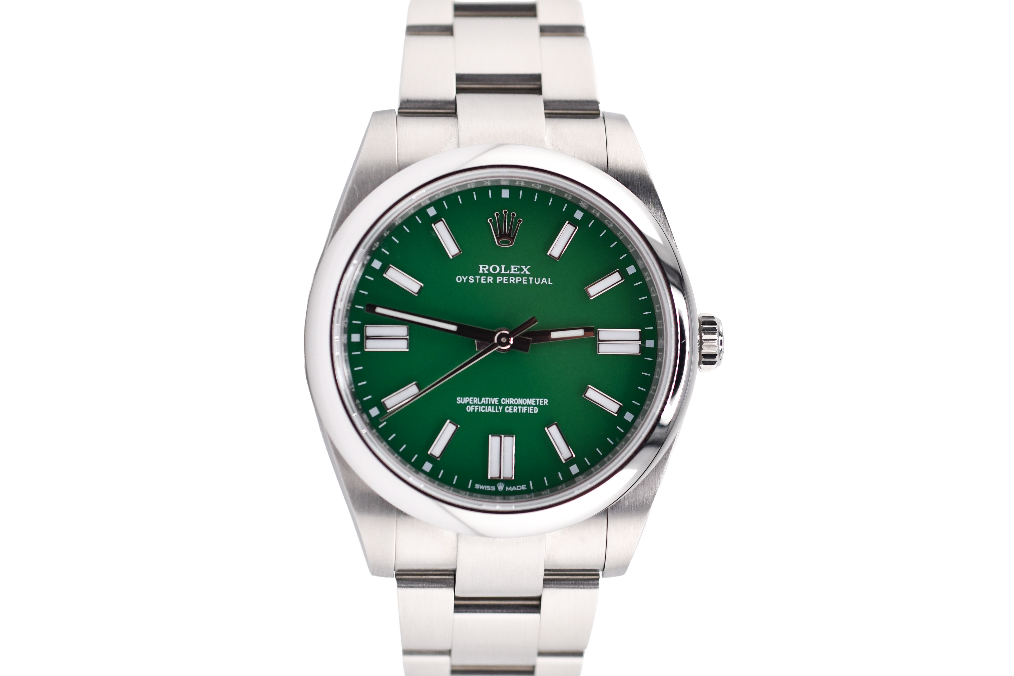 Silver watch with a green face on a white background