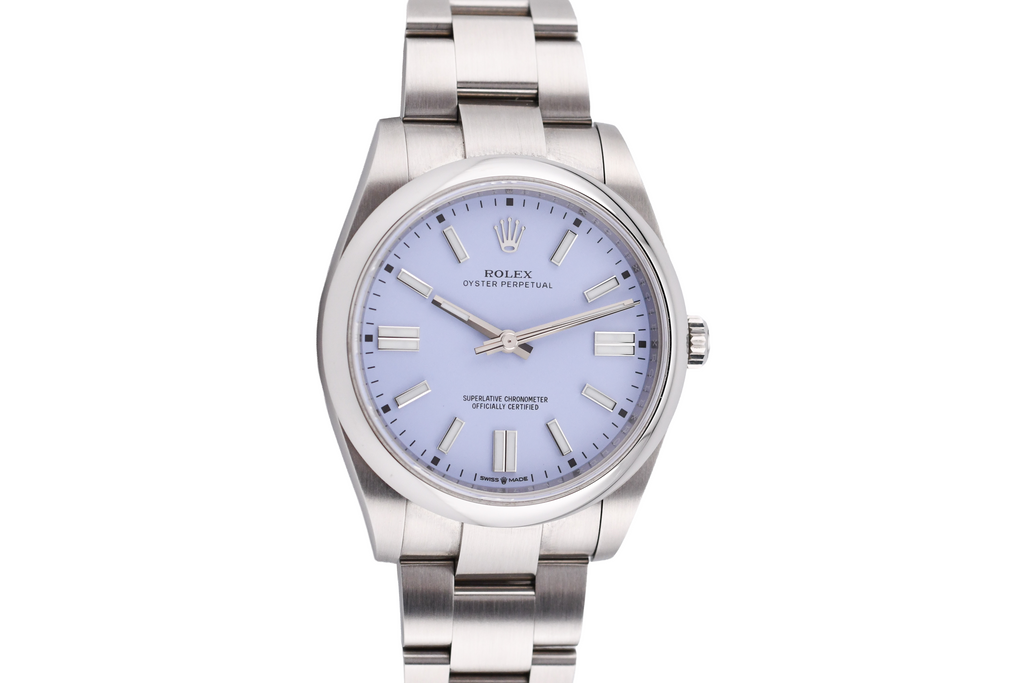 Silver watch with a light blue face on a white background