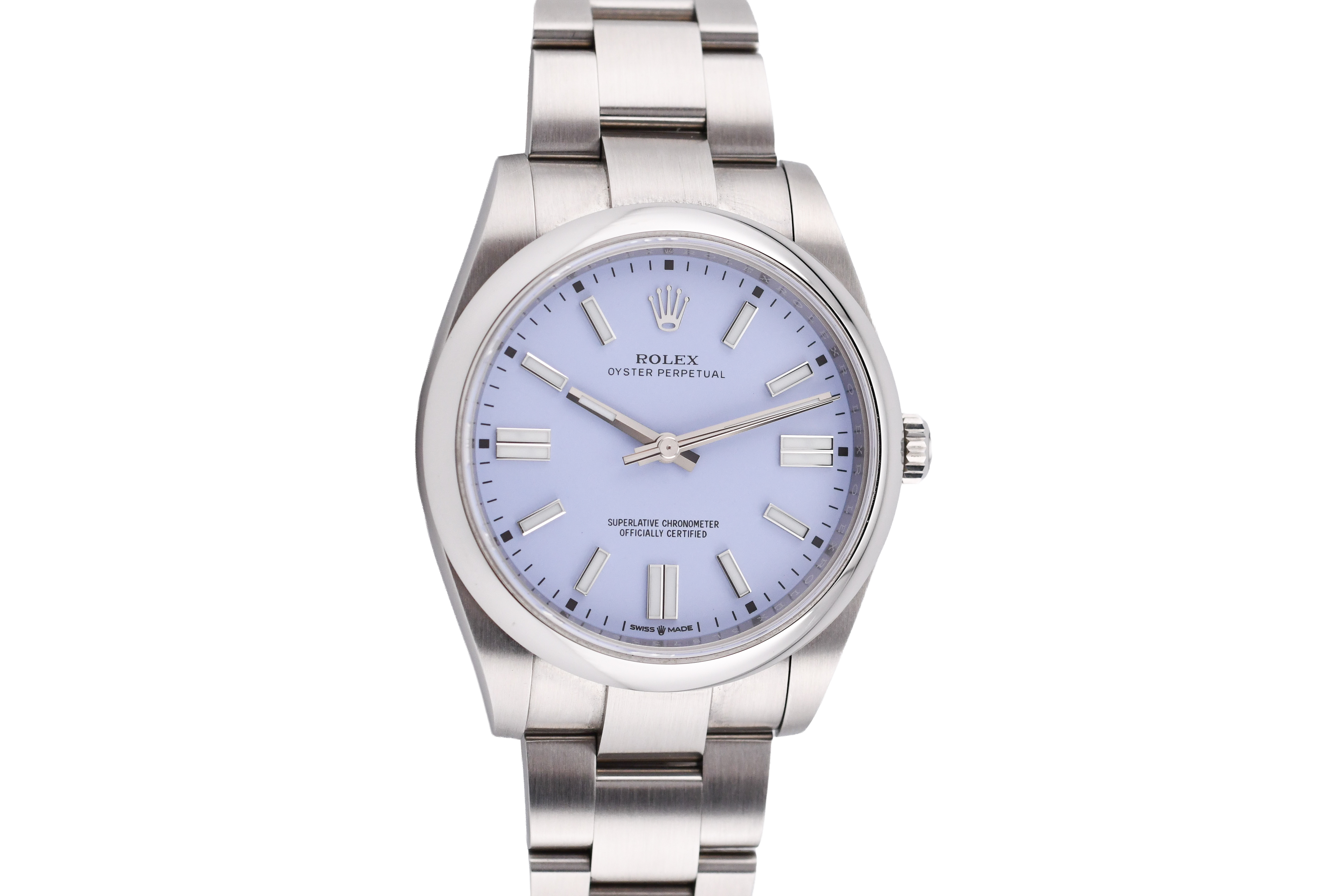 Silver watch with a light blue face on a white background