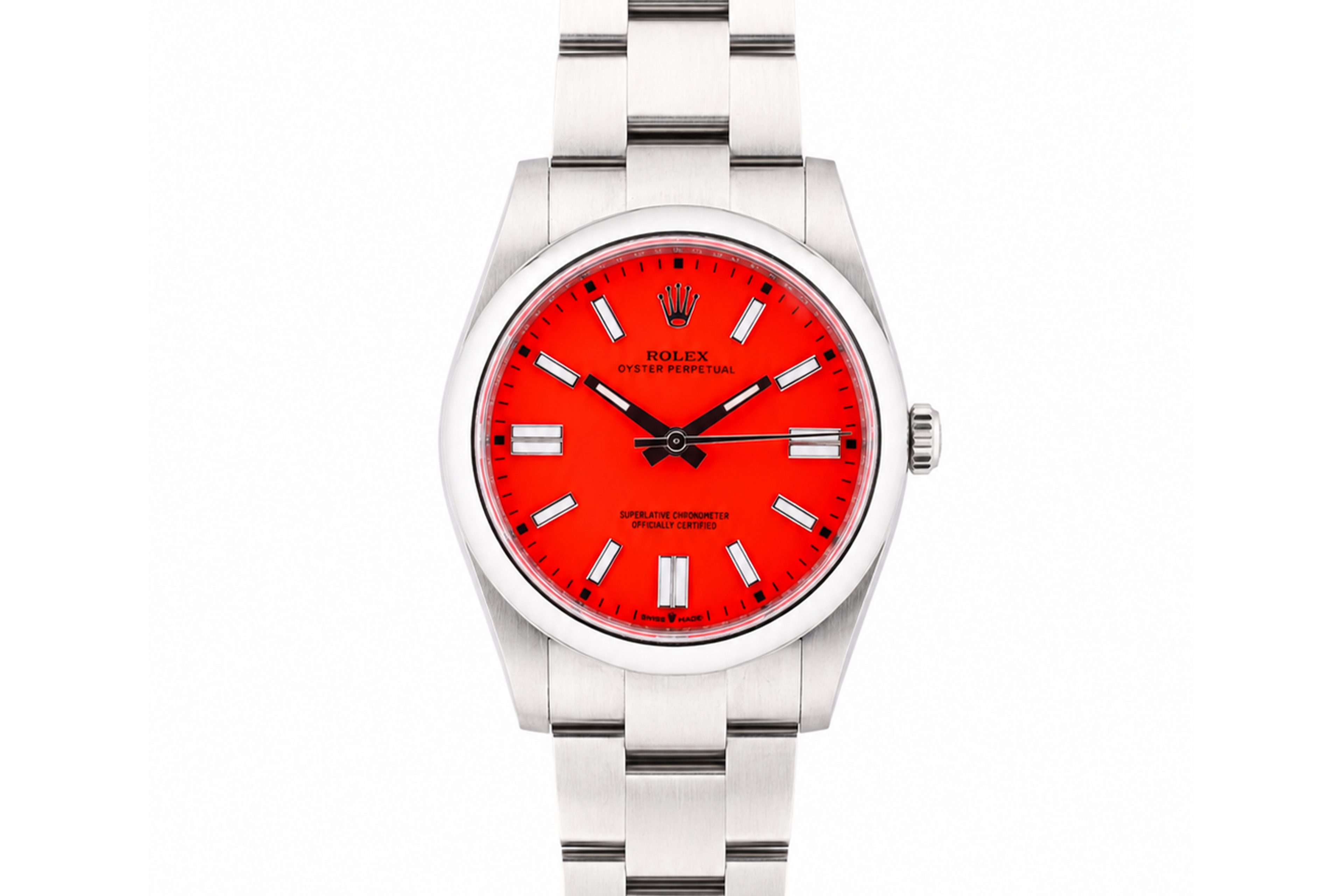 Silver watch with a red face on a white background