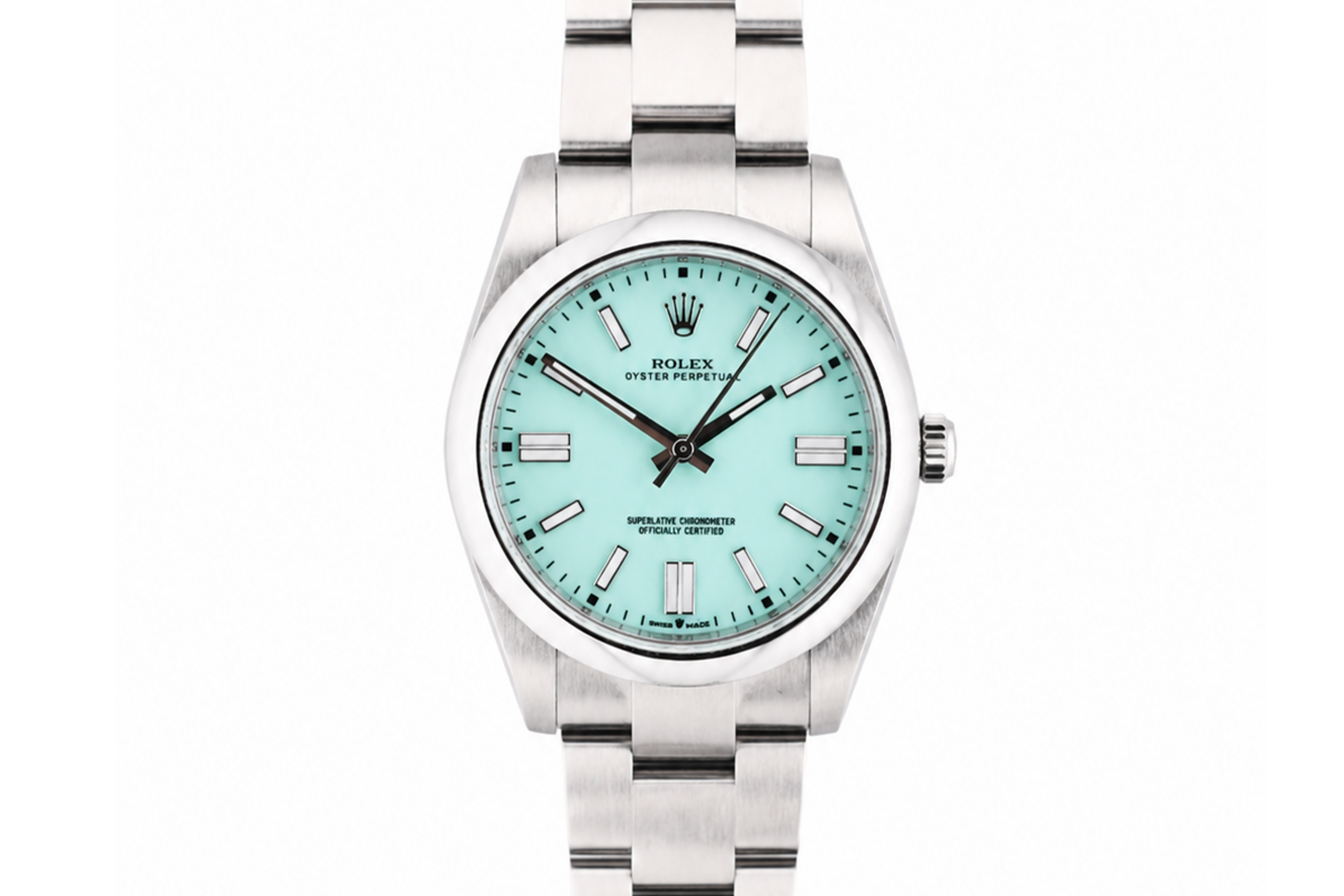 Silver watch with a light blue face on a white background