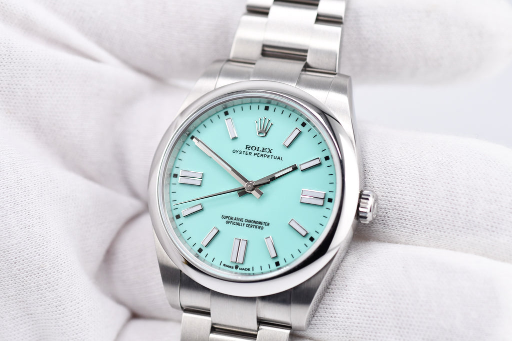 Rolex Oyster Perpetual Ref 124300 Custom Turquoise Blue Dial