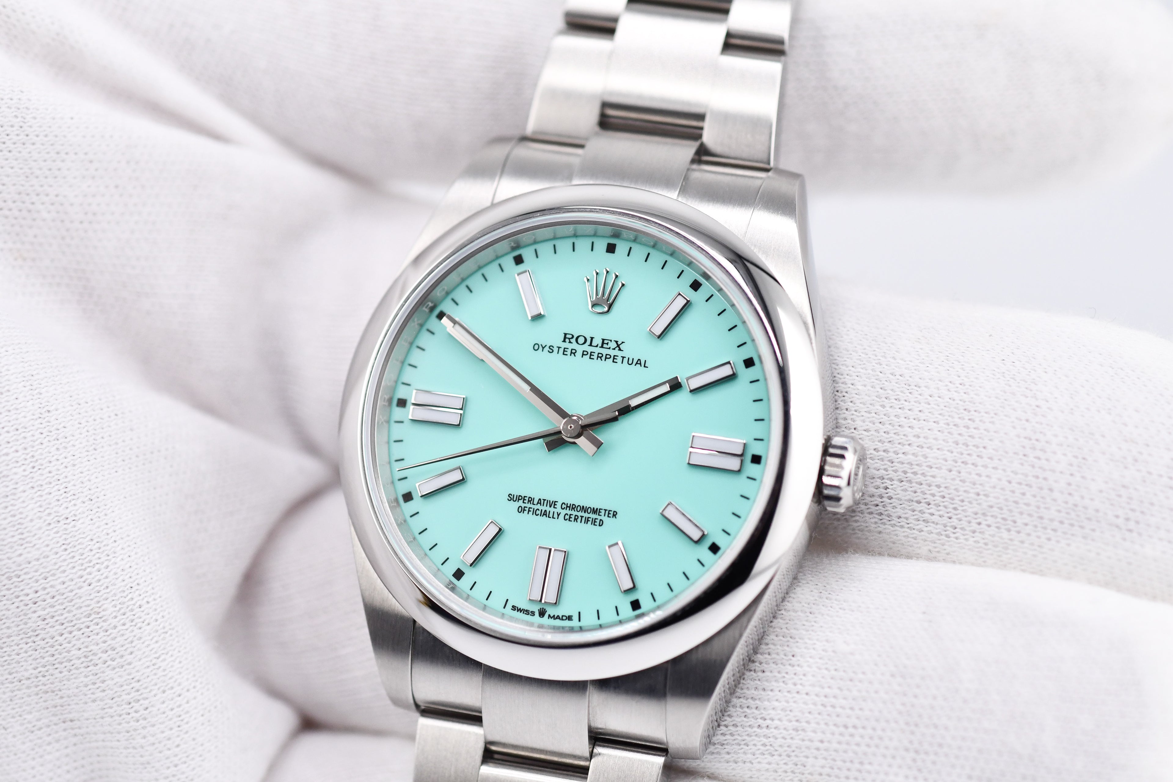 Rolex Oyster Perpetual Ref 124300 Custom Turquoise Blue Dial