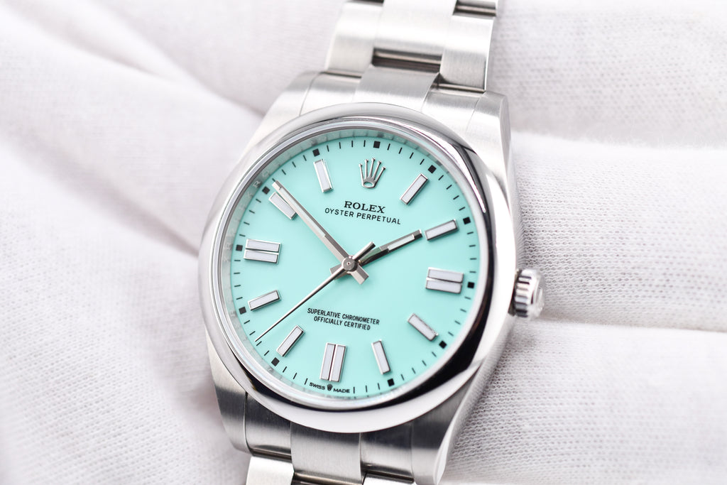Rolex Oyster Perpetual Ref 124300 Custom Turquoise Blue Dial