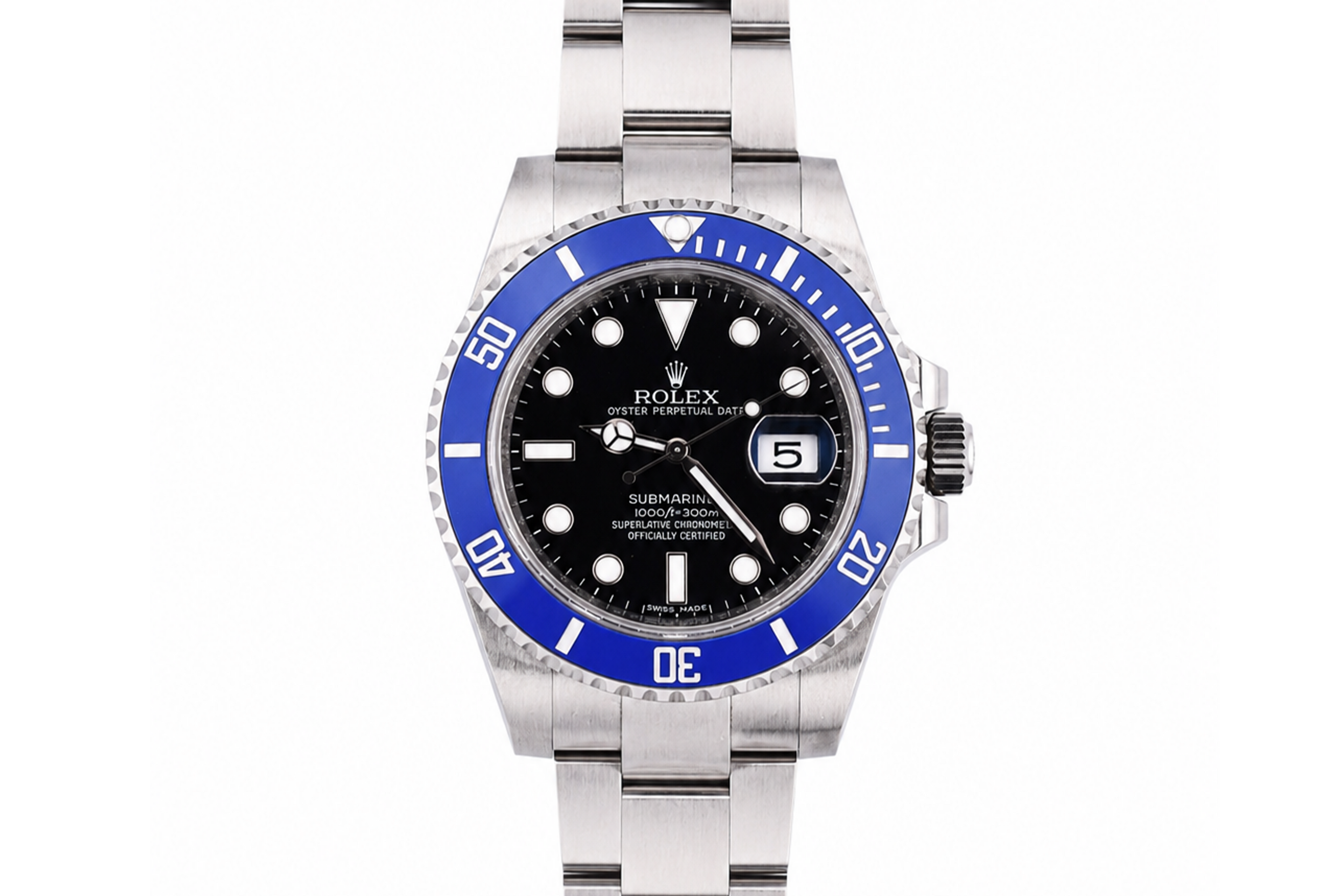 Silver watch with a blue bezel on a white background