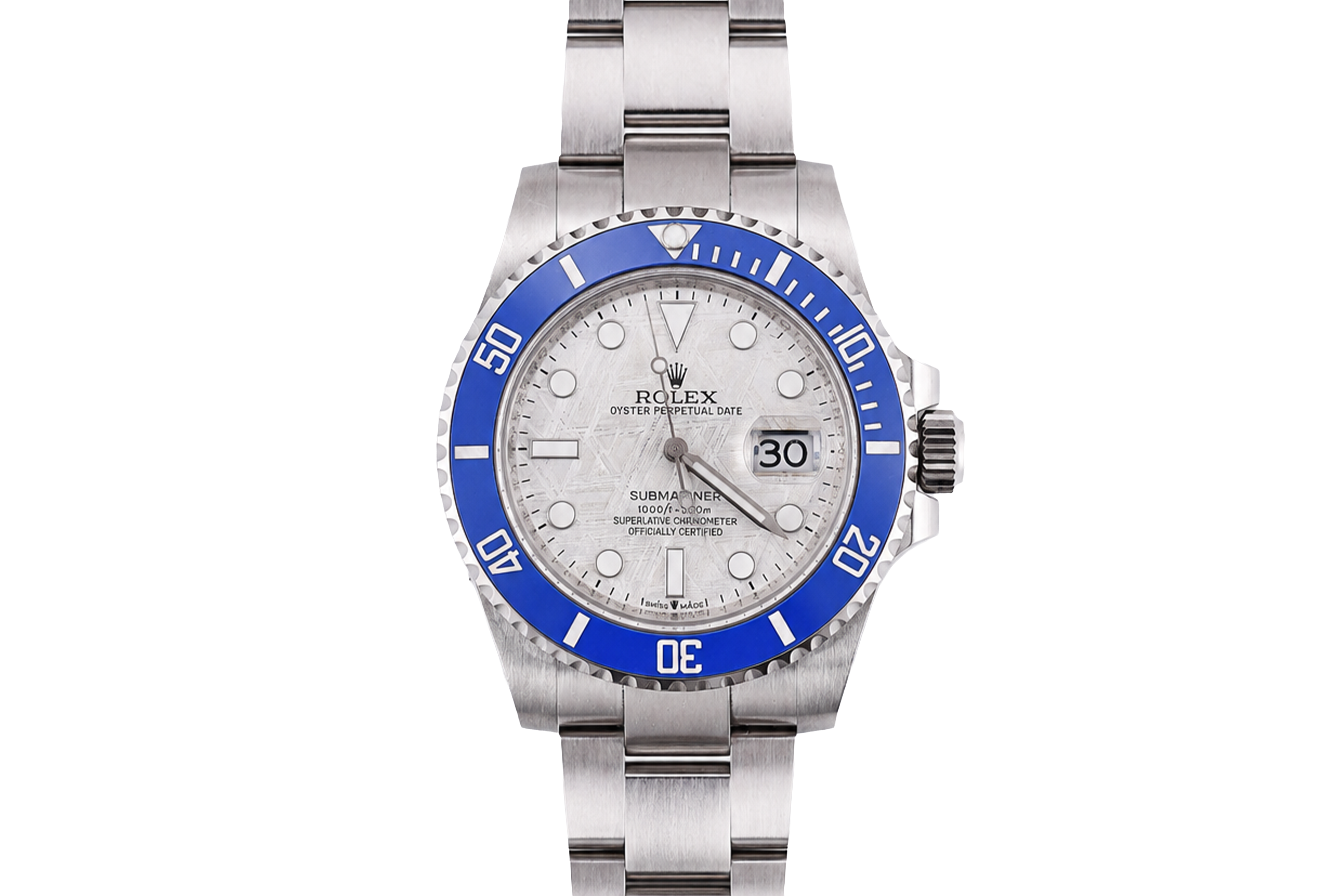 Silver watch with a blue bezel on a white background
