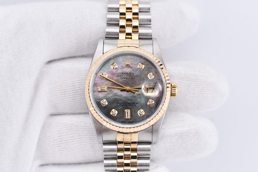 Rolex Datejust 36mm Ref 16233 Yellow Gold Bezel Black Mother of Pearl Dial