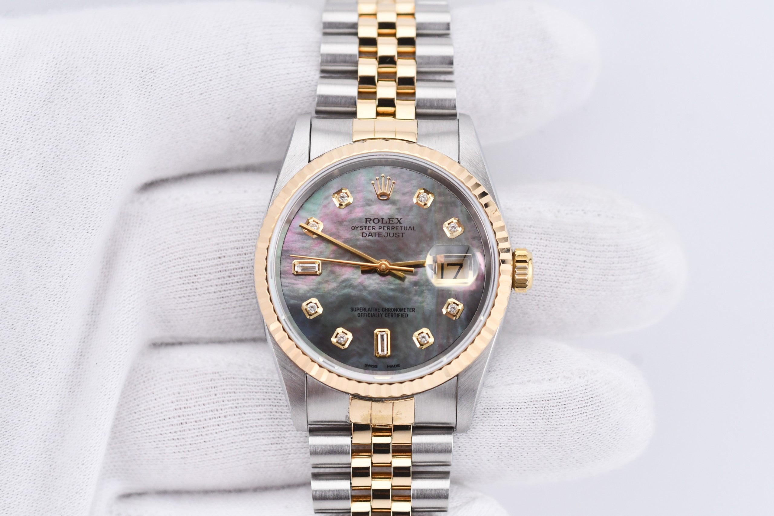 Rolex Datejust 36mm Ref 16233 Yellow Gold Bezel Black Mother of Pearl Dial