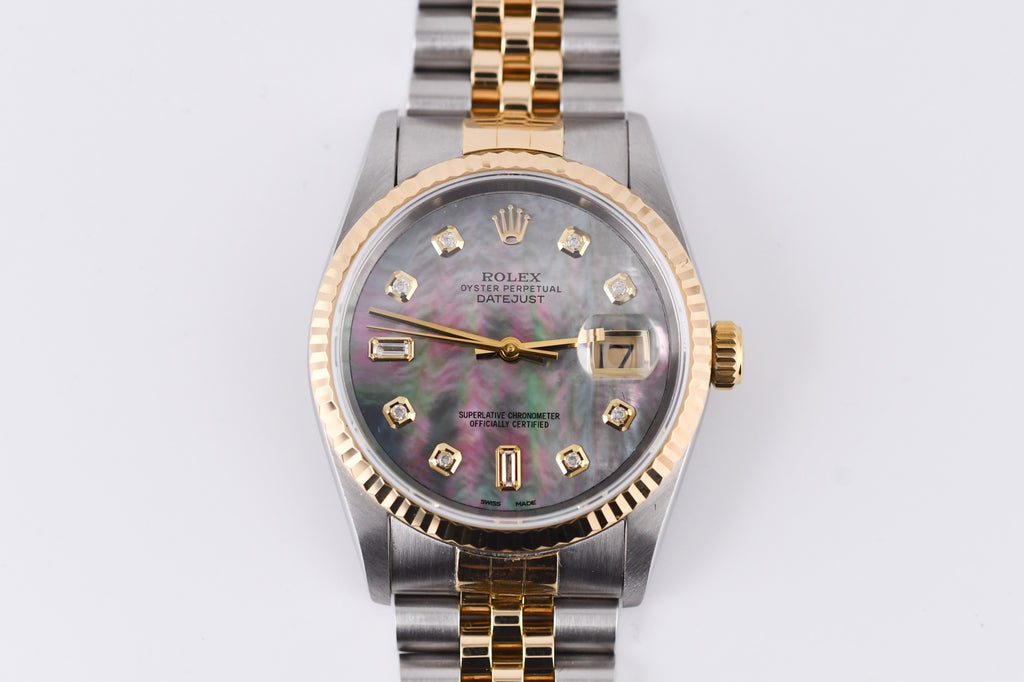 Rolex Datejust 36mm Ref 16233 Yellow Gold Bezel Black Mother of Pearl Dial