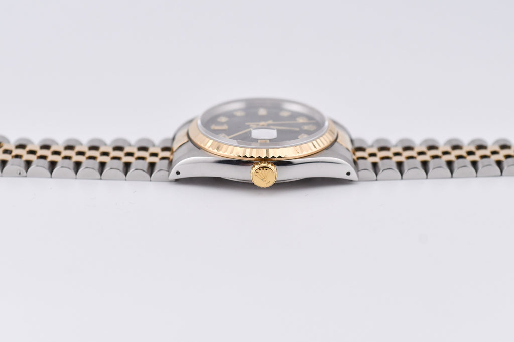 Rolex Datejust 36mm Ref 16233 Yellow Gold Bezel Black Mother of Pearl Dial