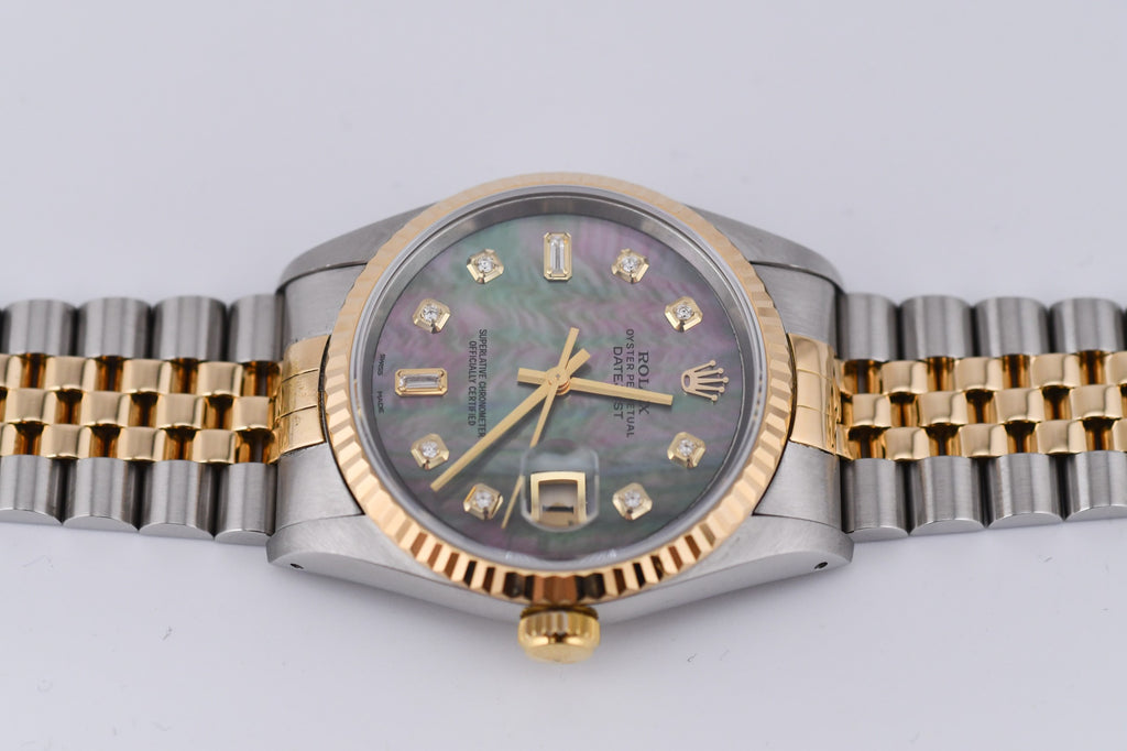 Rolex Datejust 36mm Ref 16233 Yellow Gold Bezel Black Mother of Pearl Dial