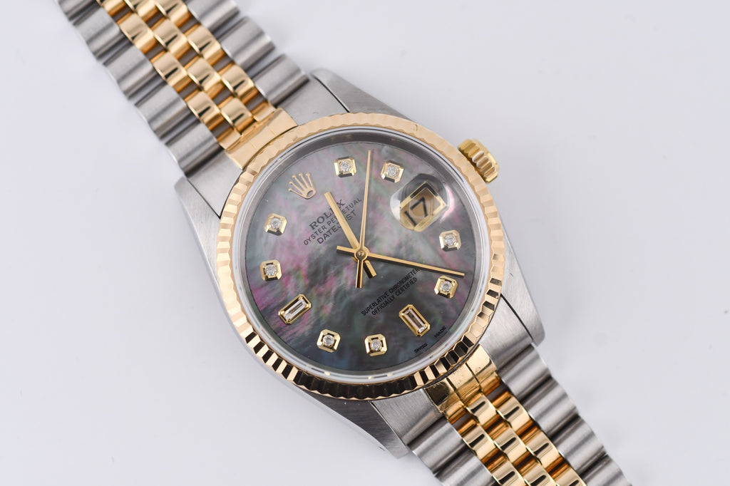 Rolex Datejust 36mm Ref 16233 Yellow Gold Bezel Black Mother of Pearl Dial