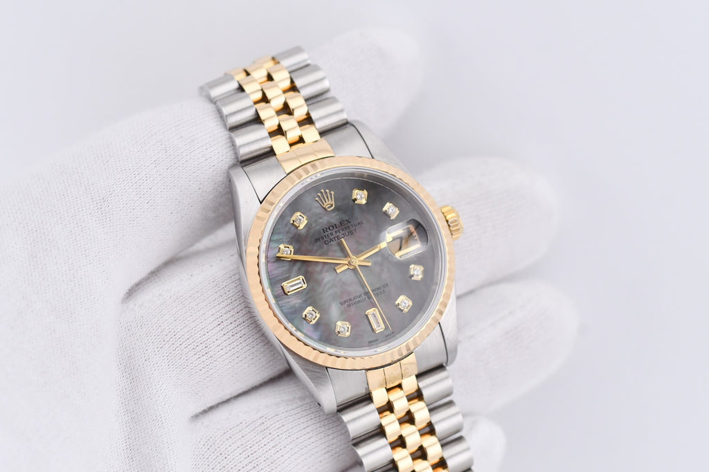 Rolex Datejust 36mm Ref 16233 Yellow Gold Bezel Black Mother of Pearl Dial