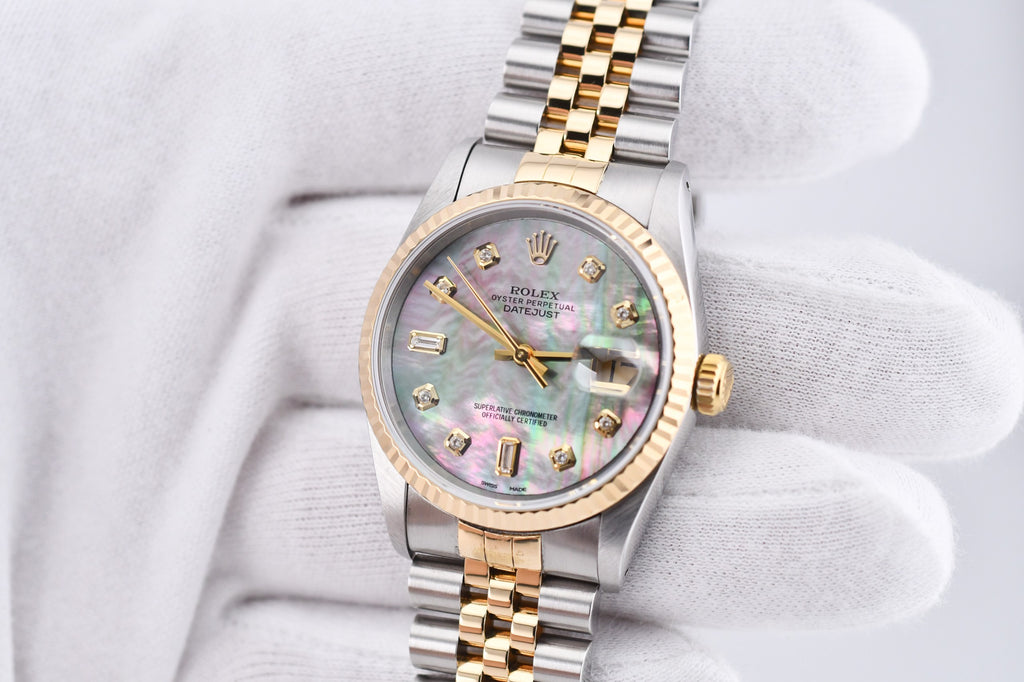 Rolex Datejust 36mm Ref 16233 Yellow Gold Bezel Black Mother of Pearl Dial