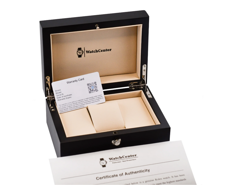 Watch packaging with 'WatchCenter' branding, including a watch box and warranty card.